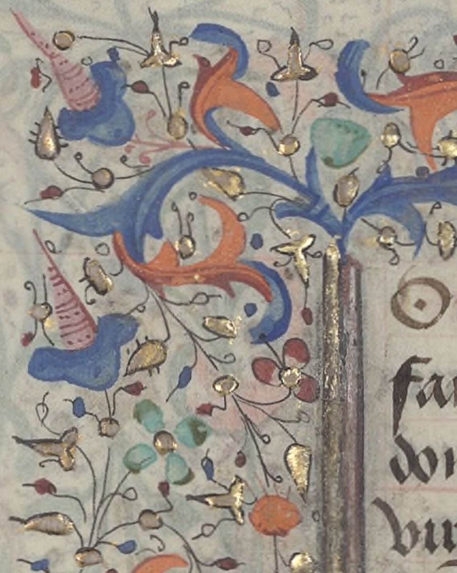 Livro de horas de Bruges, fim do século XV: orla iluminada de acanto azul e vermelho com ouro