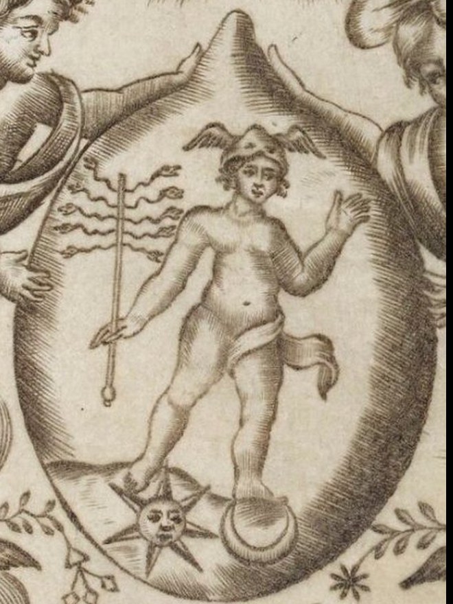 Mutus liber, 1677: Mercúrio de pé dentro do vaso alquímico